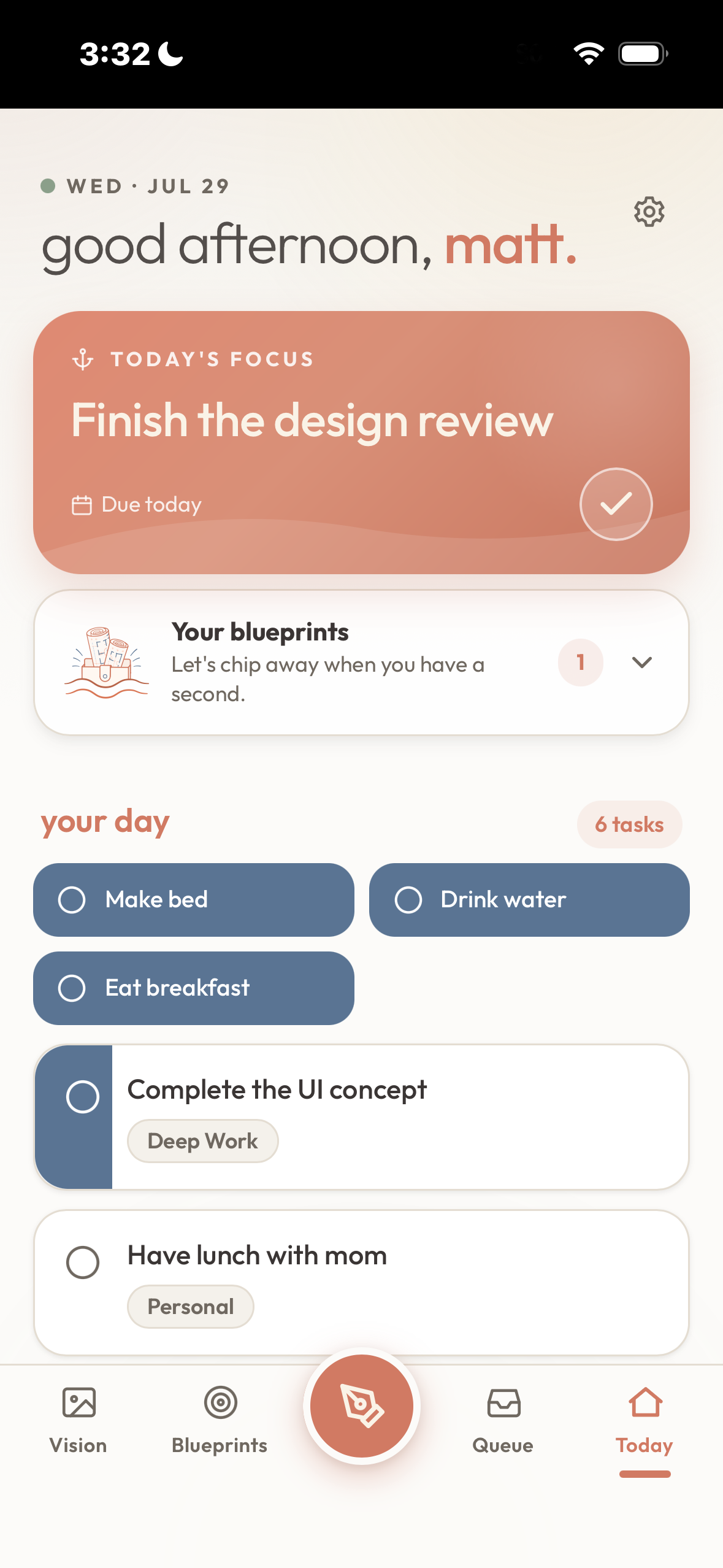 Alora Today view on iOS